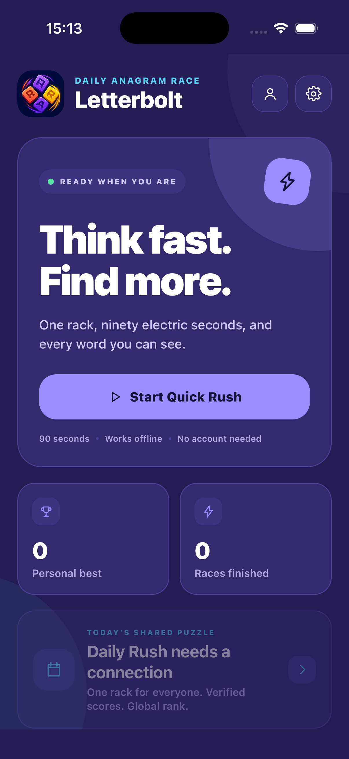 Letterbolt home screen with Quick Rush and Daily Rush