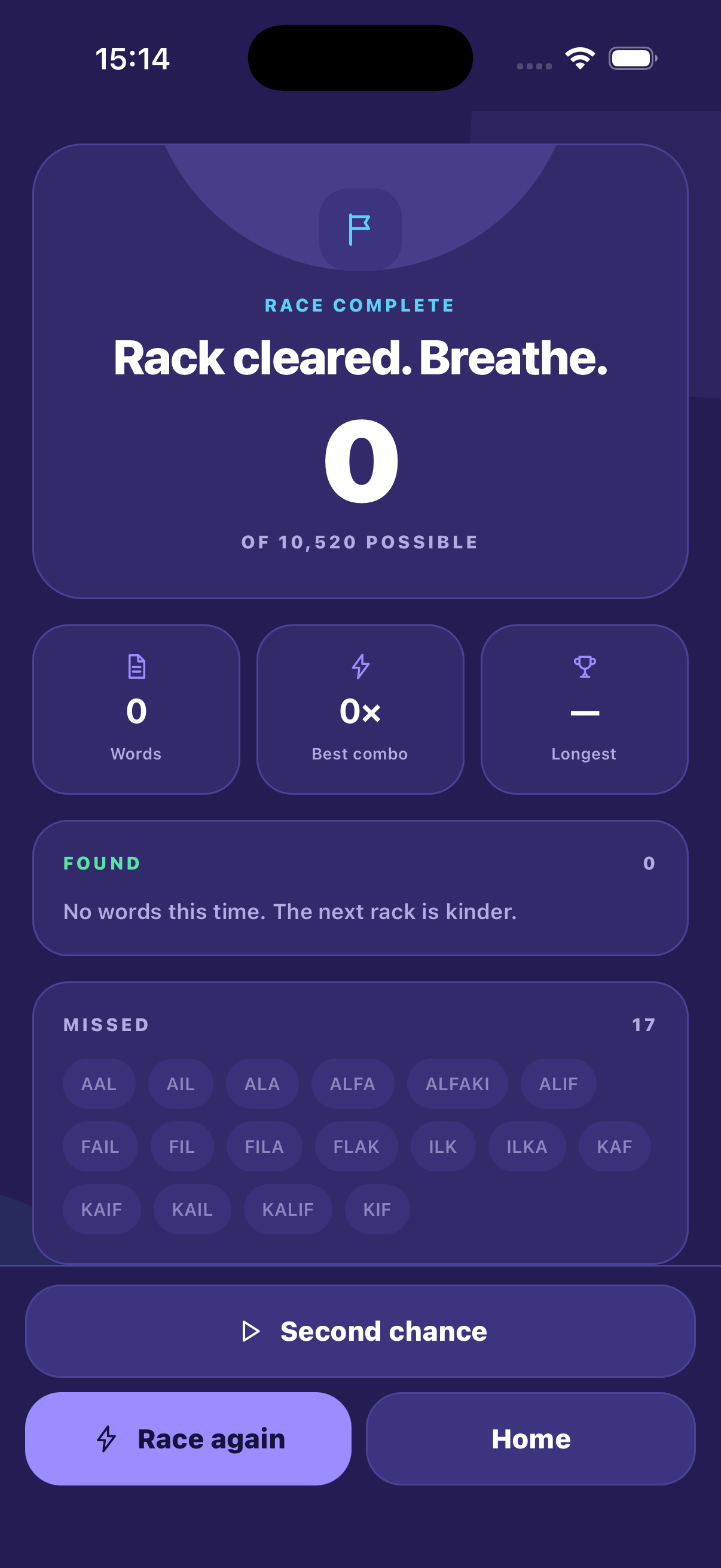 Letterbolt results screen showing a new personal best, found words and missed words